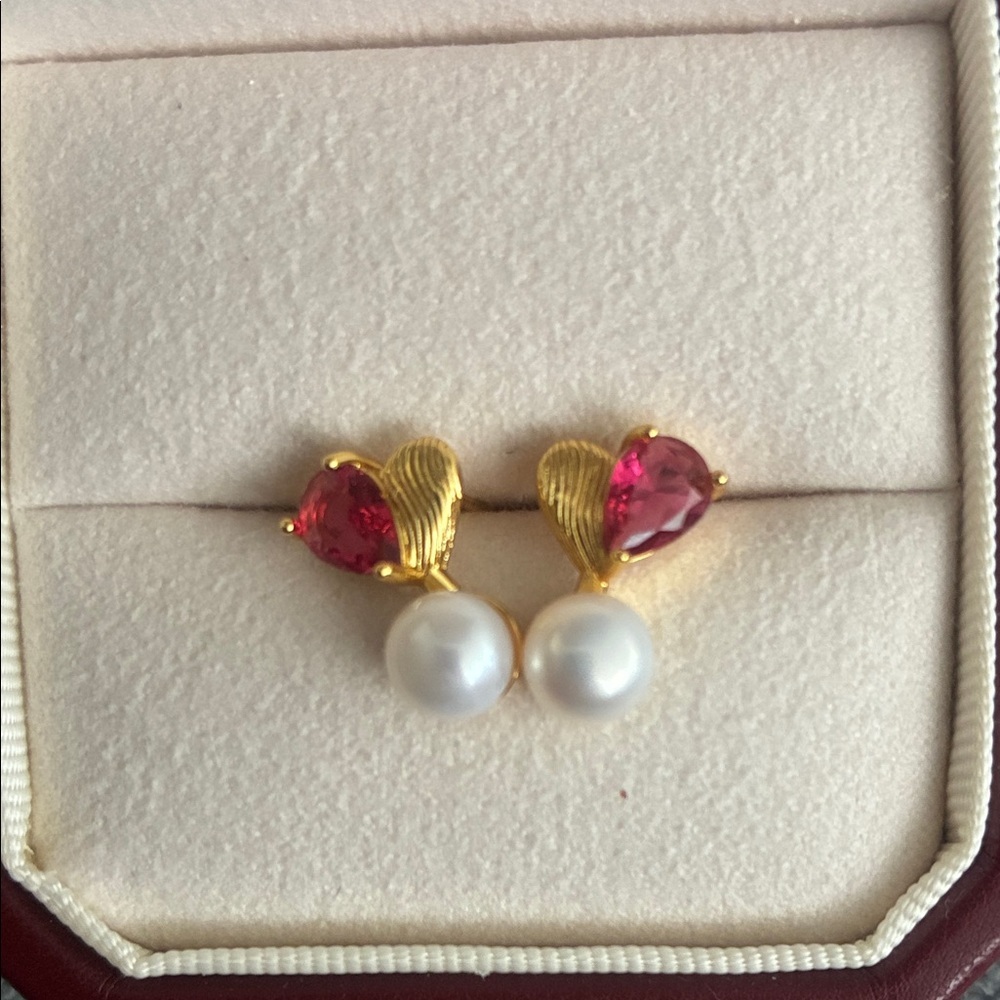 Elegant Gold and Red Pearl Earrings